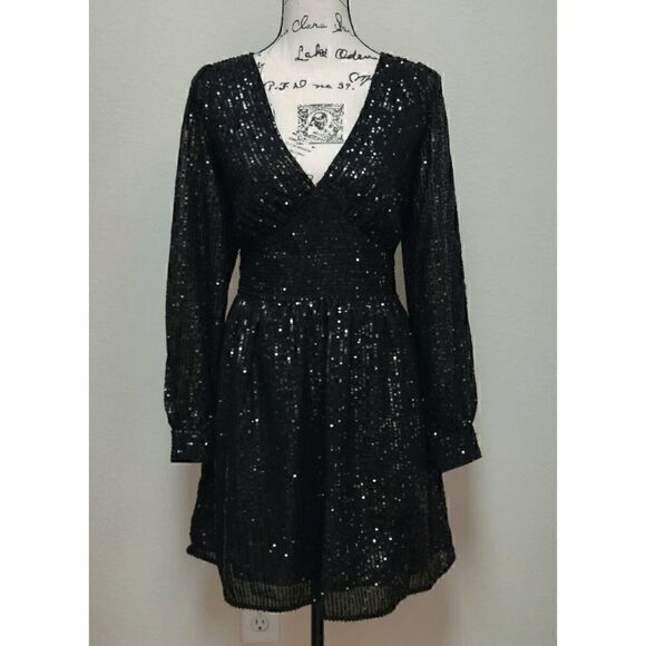 🖤✨ MICHAEL KORS Black Sequin Stripe Long Sleeve V-Neck Dress SIZE M $195 NWT - Picture 8 of 17